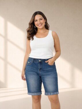 Blue Identity Bermuda Cuffed Jean Shorts 10 Embroidered Stretch Denim